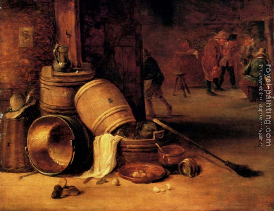 David Teniers The Younger : An Interior Scene With Pots Barrels Baskets Onions And Cabbages